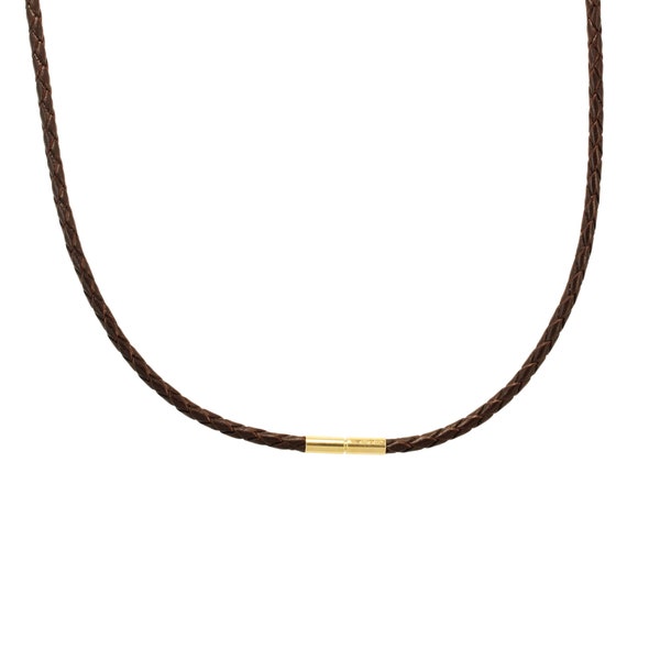 Herren / Damen Leder & Gold Halskette-3mm geflochtenes Leder mit 9 Karat Gold Drehverschluss-Echtes Dunkelbraunes Lederband-Solid Gold Verschluss