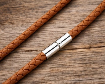 Gevlochten lichtbruine leren herenketting – sterlingzilveren sluiting – koord van 5 mm