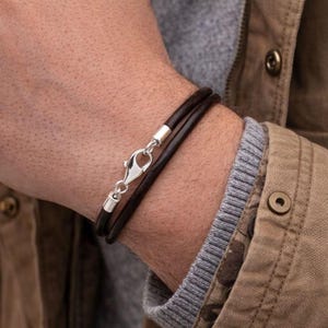 メンズ レディース ダークブラウン レザーブレスレット - シングルまたはダブルラップ - スターリングシルバー留め