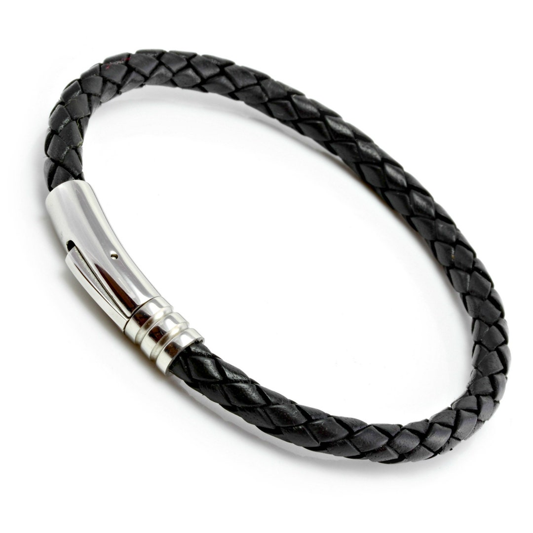 Mens Leather Bracelet With Stainless Steel Trigger 5mm Black Braided ...