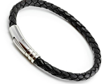 Mens Leather Bracelet With Stainless Steel Trigger 5mm Black Braided Leather Bracelet