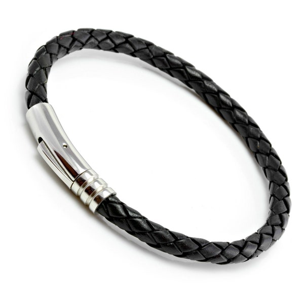 Mens Leather Bracelet With Stainless Steel Trigger 5mm Black Braided Leather Bracelet