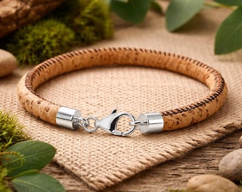 Armband natuurkurk: alternatief veganistisch leer met sterlingzilveren sluiting