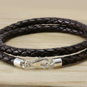 Mens Braided leather Bracelet with Sterling Silver Ends and Clasp | Dark Brown 5mm Double Wrapped Woven Leather Wristband