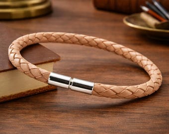 Pulsera de cuero trenzado color canela para hombre / Cierre de plata esterlina, pulsera minimalista