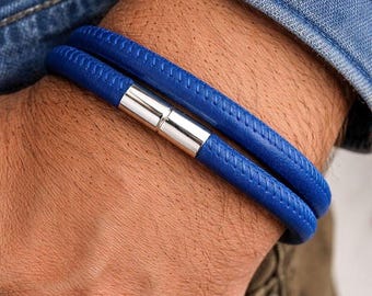 Blue Leather Bracelet with Sterling Silver Clasp-5mm Double Wrap
