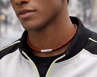 Gevlochten leren herenketting – sterlingzilveren sluiting, 5 mm antiek roodbruin