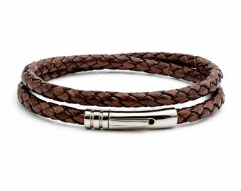 Mens Leather Bracelet 5mm Antique Brown Braided Leather Cord-Stainless steel Clasp Double Wrapped