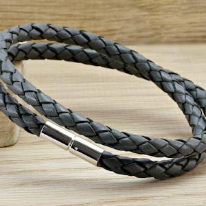 Mens leather Wrap Bracelet with Sterling Silver Push & Twist Clasp | Thick Genuine 5mm Braided Leather Cord-Grey