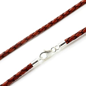 Braided leather necklace with sterling silver ends and clasp-Genuine Leather Thong/Cord necklace-Antique Red Brown