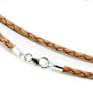 Genuine Braided Leather Neclace-Sterling Silver Clasp-3mm Natural Braided Leather Cord-Mens/Ladies Necklace