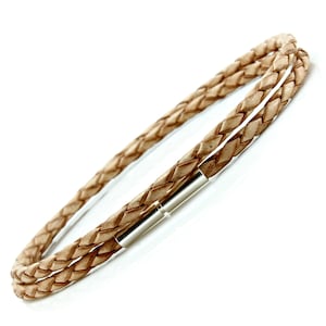 Mens/Ladies Braided Leather Bracelet Sterling Silver Twist Clasp-Genuine Double Wrapped 3mm Natural Woven Leather Wristband