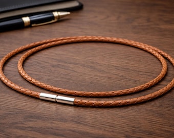 Men's Light Brown Braided Leather Necklace with Sterling Silver Clasp, 3mm