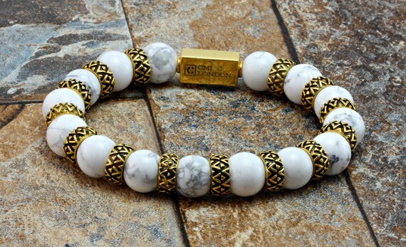 Mens Bracelet howlite Bead Bracelet mens Beaded Bracelet mens Gemstone Bracelet premium Howlite Gold Bracelet mens Designer Bracelet Etsy