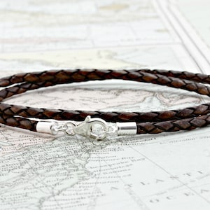 Mens Leather Bracelet, Double Wrapped 3mm Braided antique Dark Brown Leather-Sterling Silver Ends and Clasp, Vintage Style