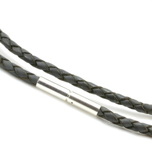 Mens / Ladies 3mm Braided leather necklace with sterling silver Twist clasp-Genuine Leather Thong/Cord necklace-Grey