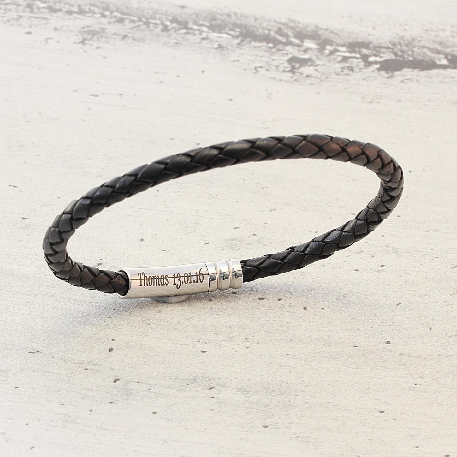 Mens Personalised Braided Leather Bracelet with Hidden Message – Engraved Steel Clasp – Black, Dark Brown or Antique Dark Brown