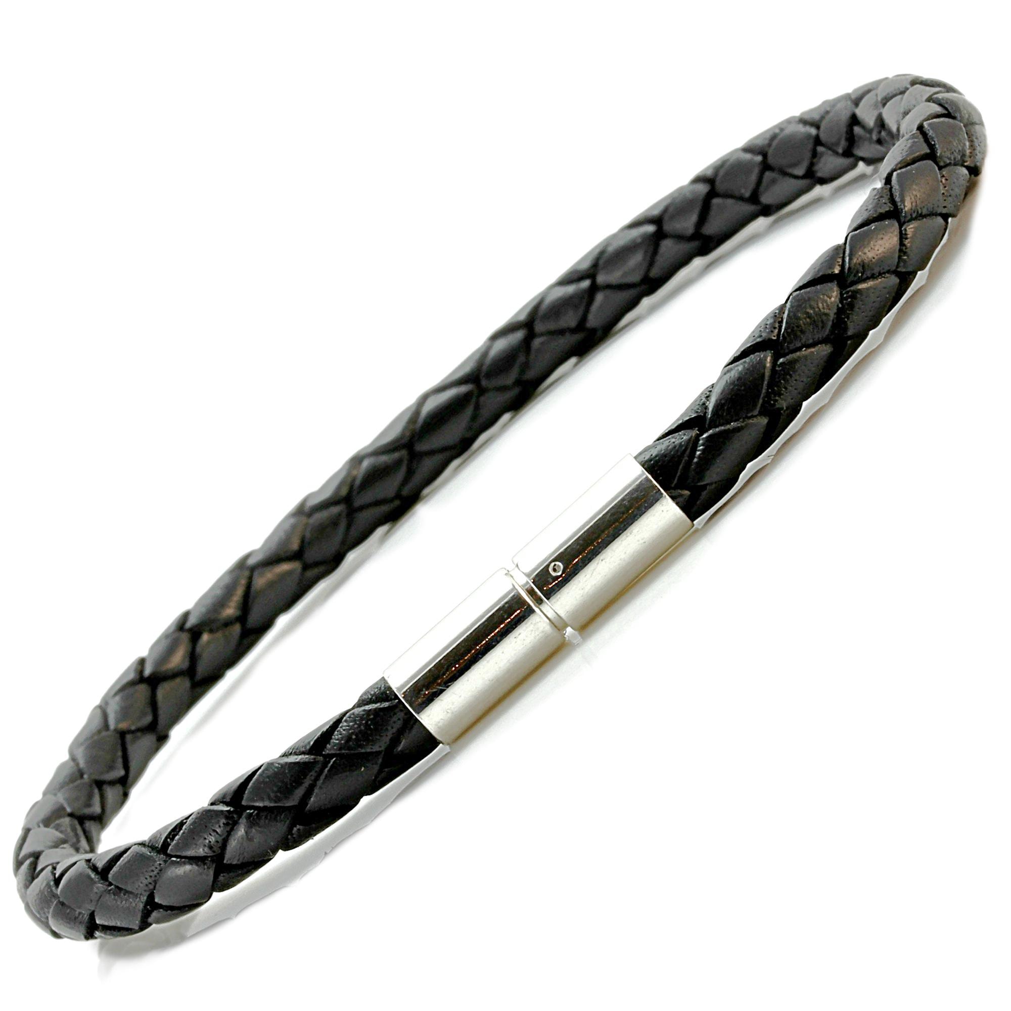 メンズレザーブレスレット、スターリングシルバー留め金、純正5mm