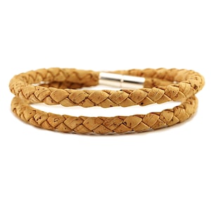 Men&#39;s Double Wrapped Braided Cork Bracelet–5mm Natural Braded Cork with Sterling Silver Push & Twist Clasp–Vegan Leather Alternative
