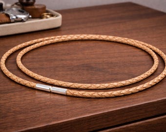 3mm Braided Leather Necklace - Sterling Silver Twist Clasp, Natural Tan