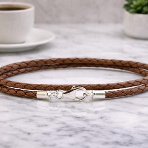 3mm Braided leather Bracelet With Sterling Silver Ends & Clasp-Double wrapped light Brown