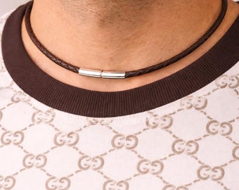 Men's Braided leather necklace-Sterling silver ends and clasp-3mm Dark Brown