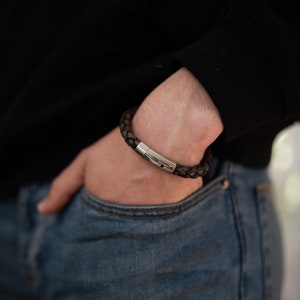 Men&#39;s Chunky Leather Bracelet, Stainless Steel Trigger Clasp, Antique Dark Brown