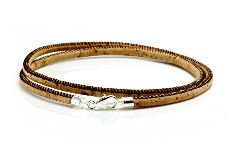 Mens Ladies Natural Cork Necklace With Sterling Silver Clasp-4mm Portuguese Cork-Vegan Leather Alternative