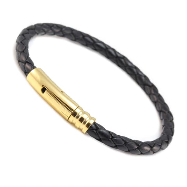Bracelet en cuir pour homme avec gachette en acier inoxydable doré Bracelet en cuir tressé noir de 5 mm