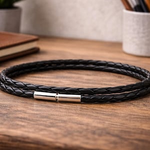 Zwart gevlochten leren armband heren/dames - dubbel gewikkelde sterlingzilveren draaisluiting