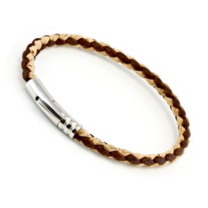 Mens Braided Cork Bracelet Stainless Steel Trigger Clasp - 5mm Natural & Brown Plaited Portuguese Cork Wristband- Vegan Leather Alternative