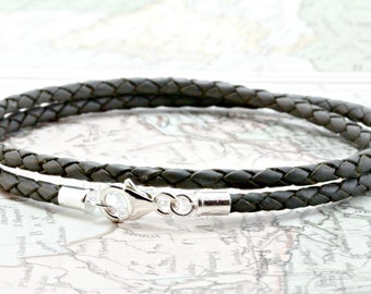 Leather Bracelet-Double Wrapped Genuine Braided Leather Wristband-Sterling Silver Ends And Clasp-Grey