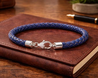 Blaues geflochtenes Lederarmband mit echter Sterling-Silber Schließe 5 mm