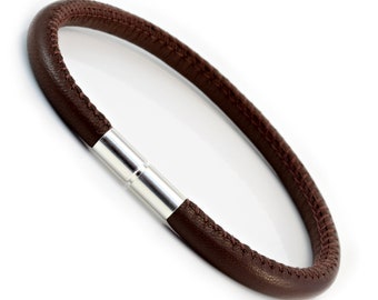 Brown Nappa Leather Bracelet With sterling Silver Clasp-Genuine 5mm Italian Leather-Stitched Leather Bracelet For Men or ladies