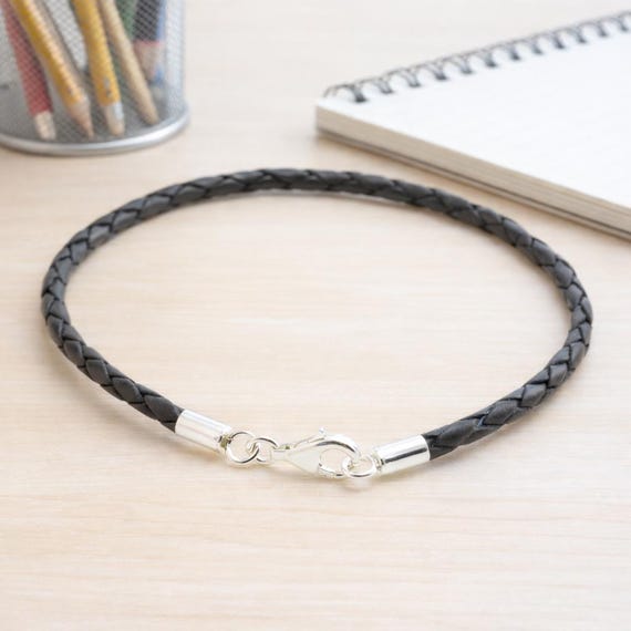 3mm ブラック編み込みレザーブレスレット - スターリングシルバー留め 