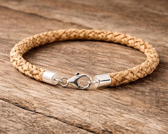 Pulsera portuguesa de corcho: Anillo trenzado ecológico con cierre de plata de ley.
