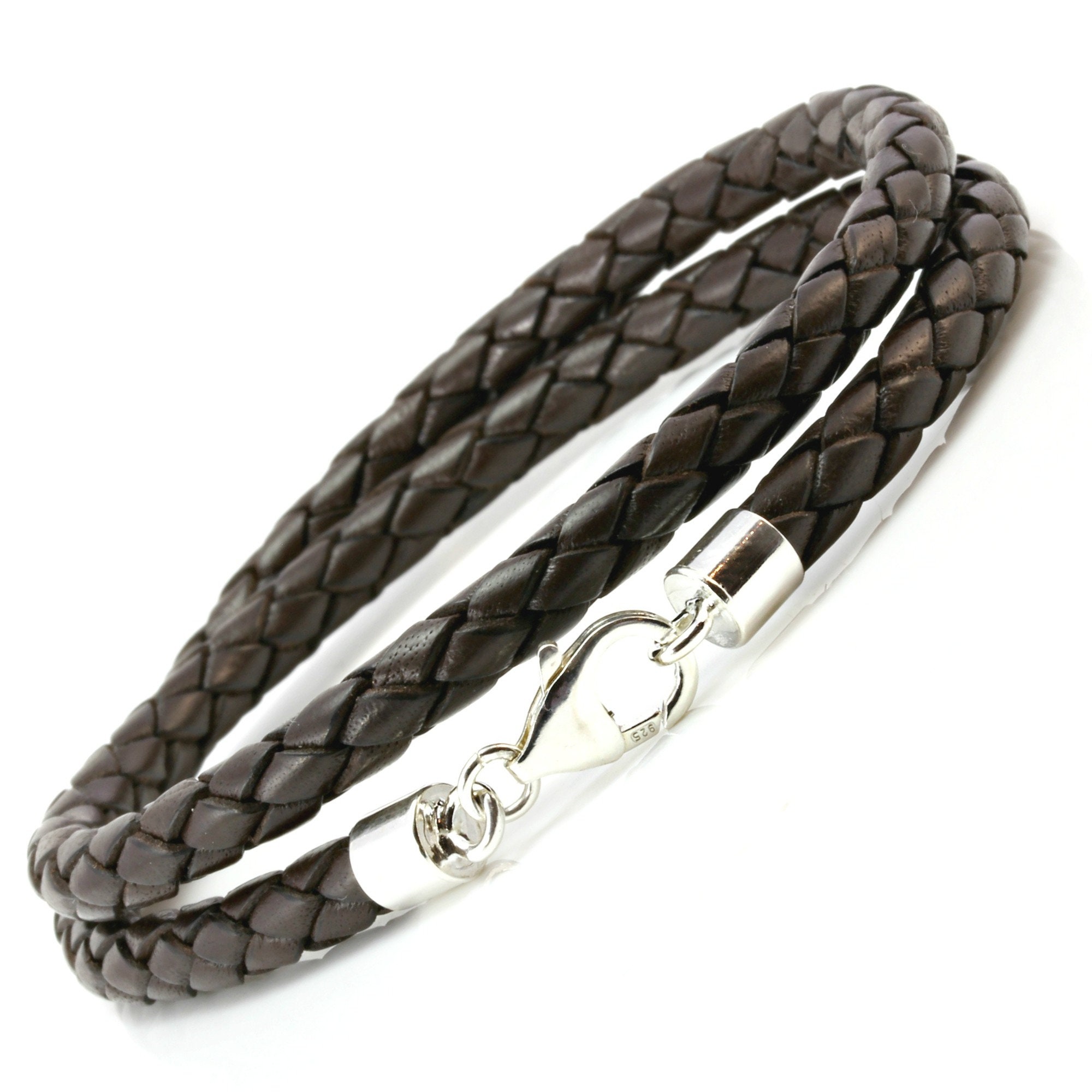 Mens braided leather deals bracelet with silver clasp