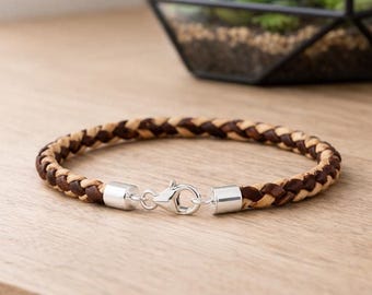 Pulsera de corcho trenzado para hombre/mujer: Marrón natural, 5 mm con cierre de plata de ley.