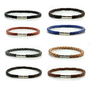 Leren armband sterlingzilveren sluiting, echt 5 mm gevlochten leren koord, kleurkeuze, 925 zilveren druk- en draaisluiting-cadeau voor hem of haar