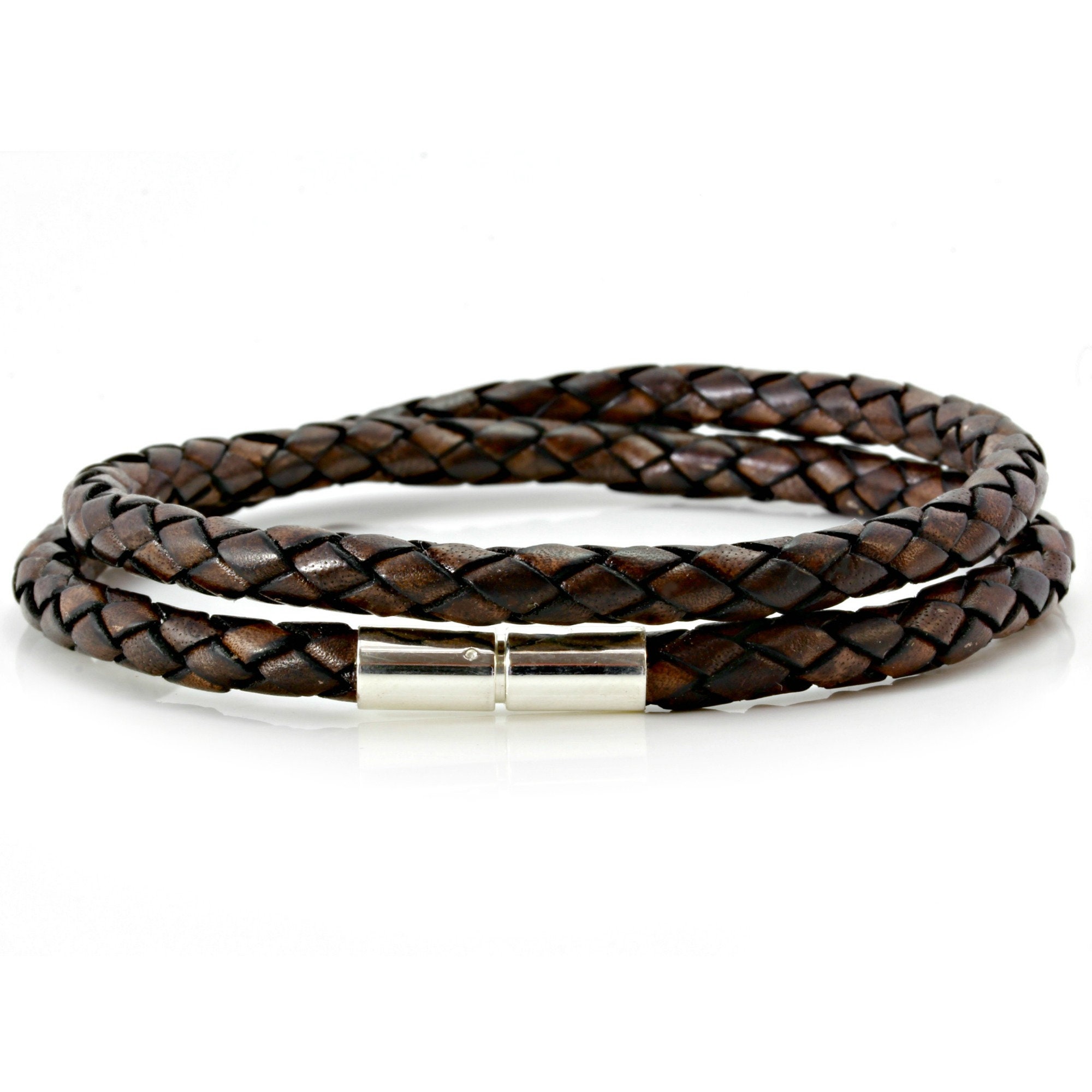 Mens Genuine Leather Bracelet With Sterling Silver Push & - Etsy UK