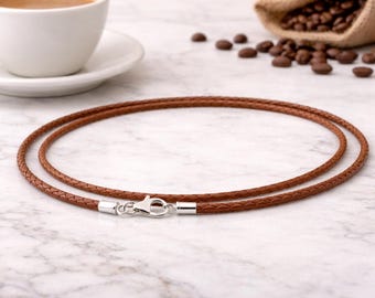 Men's\Ladies 3mm Braided Light Brown Leather Necklace with Sterling Silver Clasp
