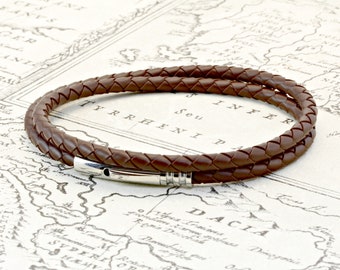 Mens Braided Rubber Bracelet With Stainless Steel Trigger Clasp-Quality Double Wrapped brown Rubber Wristband-Dark Brown-Mens Gift