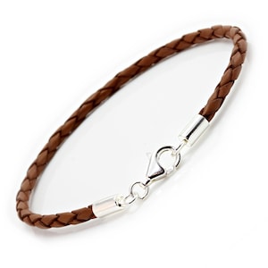 Mens/Ladies 3mm Braided Leather Bracelet With Sterling Silver Clasp-Light Brown-Simple Leather Wrap Bracelet-Genuine Leather