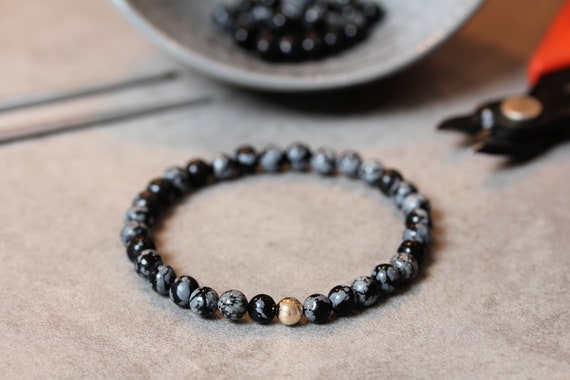 Mens Bead Bracelet Obsidian and Gold Bracelet 9ct Gold Bead