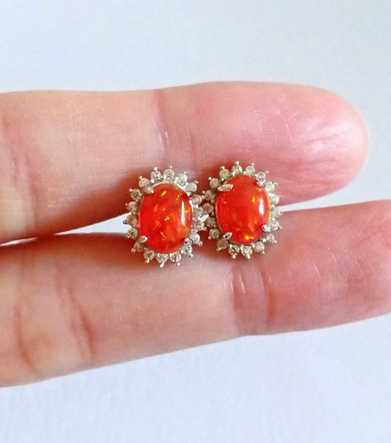 Vintage Fire Opal Halo Studs, CZ Diamonds and Ste… - image 2