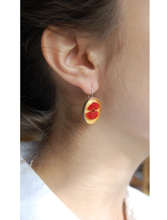 Red Pressed Flower Earrings, Sterling Silver 925, 