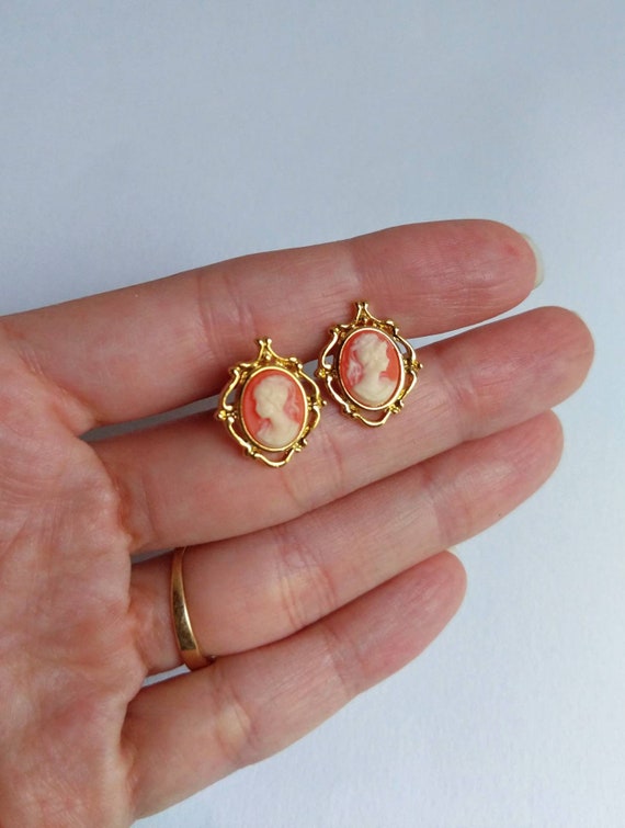 Gold, Coral and White Cameo Stud Earrings, Sterli… - image 2