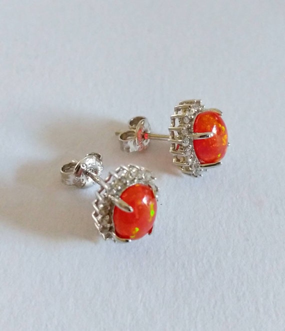 Vintage Fire Opal Halo Studs, CZ Diamonds and Ste… - image 5