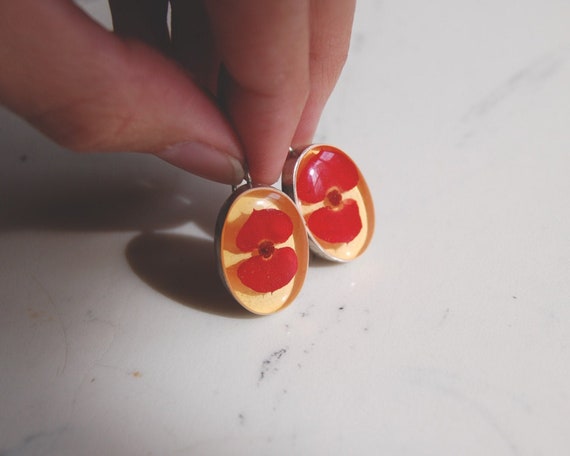 Red Pressed Flower Earrings, Sterling Silver 925,… - image 2