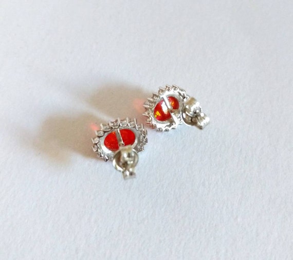 Vintage Fire Opal Halo Studs, CZ Diamonds and Ste… - image 7